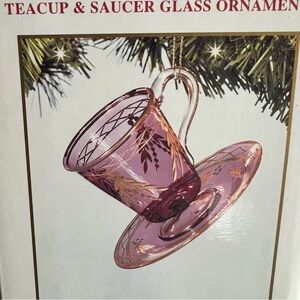 Vintagee Dillards Christmas Ornament Teacup & Saucer Pink Glass Gold Decorated